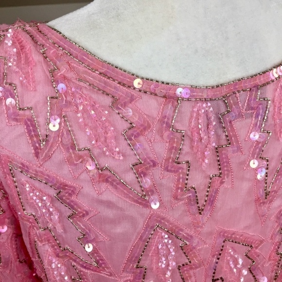 Vintage 80’s Silk Sequin Midi Shift Dress Long Sleeve Cocktail Dress - Picture 11 of 12